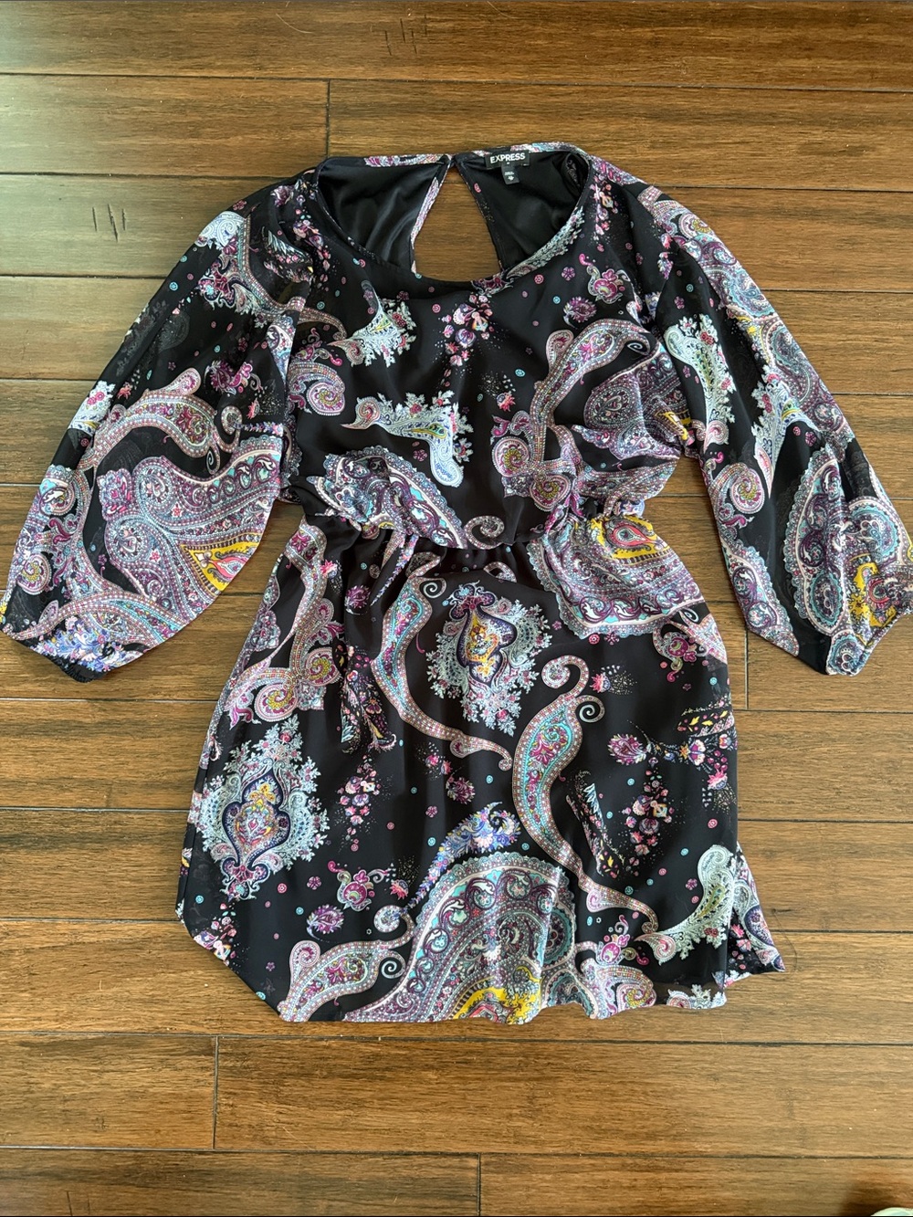 Express Black Paisley Print Keyhole Mini Dress with Pink and Lavender Accents